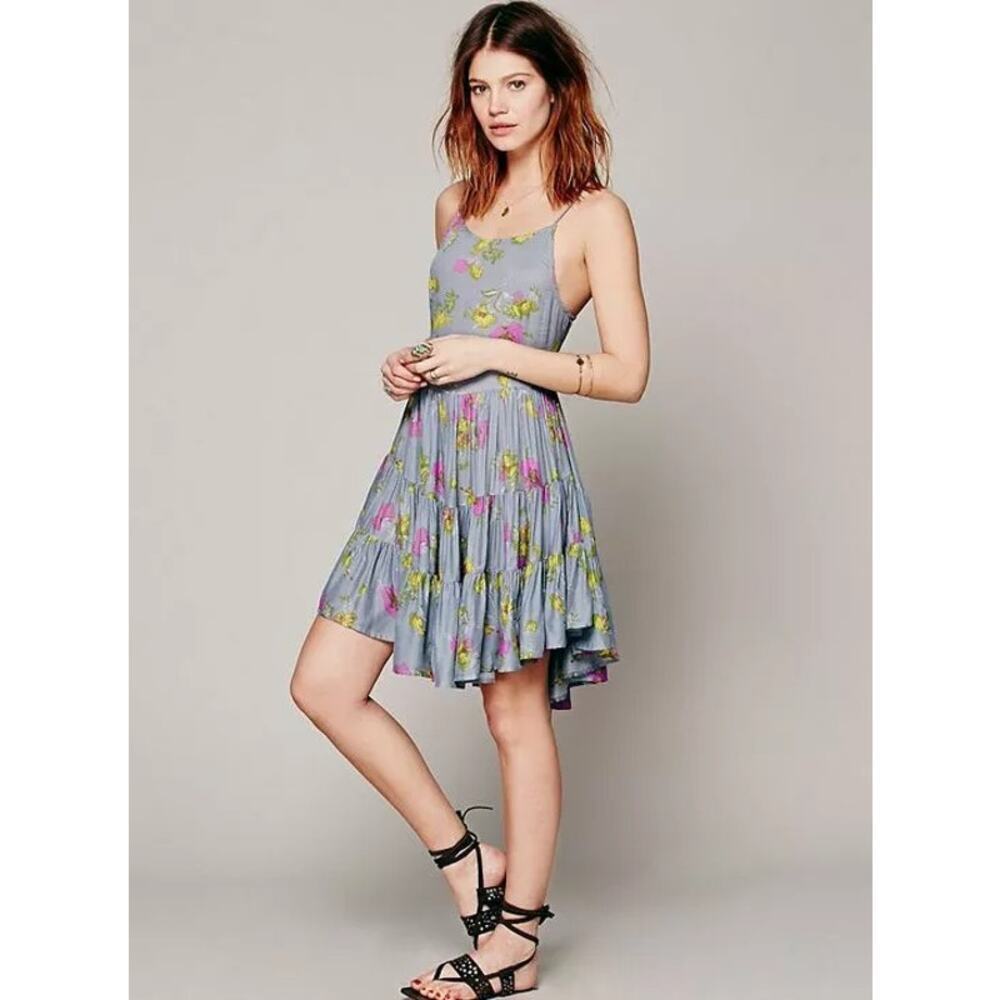 Free People Gray Circle of Flowers Lace Up Floral Print Mini Slip Dress Size S